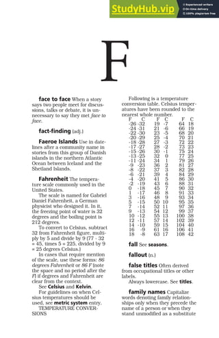 face to face When a story
says two people meet for discus-
sions, talks or debate, it is un-
necessary to say they met face to
face.
fact-finding (adj.)
Faeroe Islands Use in date-
lines after a community name in
stories from this group of Danish
islands in the northern Atlantic
Ocean between Iceland and the
Shetland Islands.
Fahrenheit The tempera-
ture scale commonly used in the
United States.
The scale is named for Gabriel
Daniel Fahrenheit, a German
physicist who designed it. In it,
the freezing point of water is 32
degrees and the boiling point is
212 degrees.
To convert to Celsius, subtract
32 from Fahrenheit figure, multi-
ply by 5 and divide by 9 (77 - 32
= 45, times 5 = 225, divided by 9
= 25 degrees Celsius.)
In cases that require mention
of the scale, use these forms: 86
degrees Fahrenheit or 86 F (note
the space and no period after the
F) if degrees and Fahrenheit are
clear from the context.
See Celsius and Kelvin.
For guidelines on when Cel-
sius temperatures should be
used, see metric system entry.
TEMPERATURE CONVER-
SIONS
Following is a temperature
conversion table. Celsius temper-
atures have been rounded to the
nearest whole number.
F C F C F C
-26 -32 19 -7 64 18
-24 -31 21 -6 66 19
-22 -30 23 -5 68 20
-20 -29 25 -4 70 21
-18 -28 27 -3 72 22
-17 -27 28 -2 73 23
-15 -26 30 -1 75 24
-13 -25 32 0 77 25
-11 -24 34 1 79 26
-9 -23 36 2 81 27
-8 -22 37 3 82 28
-6 -21 39 4 84 29
-4 -20 41 5 86 30
-2 -19 43 6 88 31
0 -18 45 7 90 32
1 -17 46 8 91 33
3 -16 48 9 93 34
5 -15 50 10 95 35
7 -14 52 11 97 36
9 -13 54 12 99 37
10 -12 55 13 100 38
12 -11 57 14 102 39
14 -10 59 15 104 40
16 -9 61 16 106 41
18 -8 63 17 108 42
fall See seasons.
fallout (n.)
false titles Often derived
from occupational titles or other
labels.
Always lowercase. See titles.
family names Capitalize
words denoting family relation-
ships only when they precede the
name of a person or when they
stand unmodified as a substitute
F
 