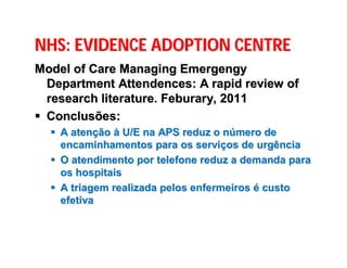 NHS: EVIDENCE ADOPTION CENTRENHS: EVIDENCE ADOPTION CENTRE
Model of Care Managing EmergengyModel of Care Managing Emergengy
Department Attendences: A rapid review ofDepartment Attendences: A rapid review of
research literature. Feburary, 2011research literature. Feburary, 2011
 Conclusões:Conclusões:
 A atenA atenççãoão àà U/E na APS reduz o nU/E na APS reduz o núúmero demero de
encaminhamentos para os serviencaminhamentos para os serviçços de urgênciaos de urgência
 O atendimento por telefone reduz a demanda paraO atendimento por telefone reduz a demanda para
os hospitaisos hospitais
 A triagem realizada pelos enfermeirosA triagem realizada pelos enfermeiros éé custocusto
efetivaefetiva
 