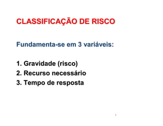 8
CLASSIFICACLASSIFICAÇÇÃO DE RISCOÃO DE RISCO
FundamentaFundamenta--se em 3 varise em 3 variááveis:veis:
1. Gravidade (risco)1. Gravidade (risco)
2. Recurso necess2. Recurso necessááriorio
3. Tempo de resposta3. Tempo de resposta
 
