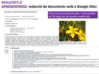 redacció de documents web a Google Sites
Informació estandarditzada i contrastable
de 50 espècies de plantes medicinals
RE...