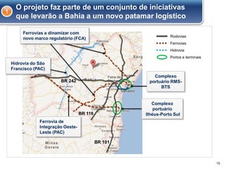 15
1
O projeto faz parte de um conjunto de iniciativas
que levarão a Bahia a um novo patamar logístico
Hidrovia
Rodovias
Ferrovias
Portos e terminais
BR 242
BR 116
BR 101
Complexo
portuário RMS-
BTS
Complexo
portuário
Ilhéus-Porto Sul
Ferrovia de
Integração Oeste-
Leste (PAC)
Hidrovia do São
Francisco (PAC)
Ferrovias a dinamizar com
novo marco regulatório (FCA)
 