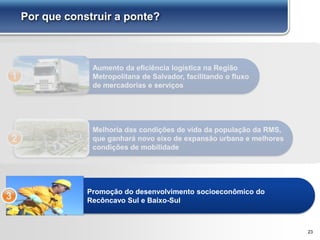 23
Por que construir a ponte?
Aumento da eficiência logística na Região
Metropolitana de Salvador, facilitando o fluxo
de mercadorias e serviços
1
Melhoria das condições de vida da população da RMS,
que ganhará novo eixo de expansão urbana e melhores
condições de mobilidade
2
Promoção do desenvolvimento socioeconômico do
Recôncavo Sul e Baixo-Sul3
 