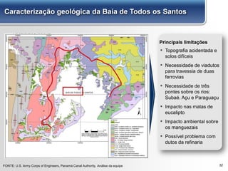 32
Caracterização geológica da Baía de Todos os Santos
FONTE: U.S. Army Corps of Engineers, Panamá Canal Authority, Análise da equipe
▪ Topografia acidentada e
solos difíceis
▪ Necessidade de viadutos
para travessia de duas
ferrovias
▪ Necessidade de três
pontes sobre os rios:
Subaé. Açu e Paraguaçu
▪ Impacto nas matas de
eucalipto
▪ Impacto ambiental sobre
os manguezais
▪ Possível problema com
dutos da refinaria
Principais limitações
 