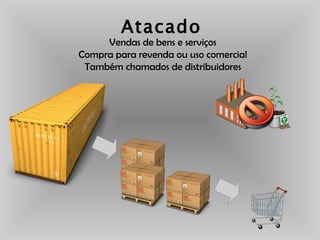 Atacado Vendas de bens e serviços Compra para revenda ou uso comercial Também chamados de distribuidores 