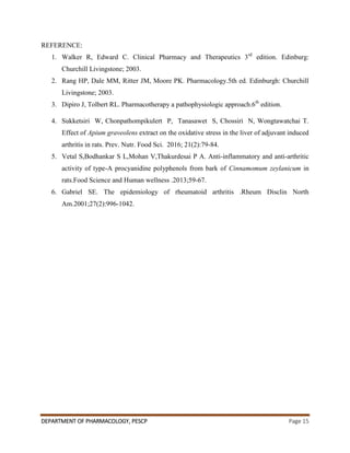DEPARTMENT OF PHARMACOLOGY, PESCP Page 15
REFERENCE:
1. Walker R, Edward C. Clinical Pharmacy and Therapeutics 3rd
edition. Edinburg:
Churchill Livingstone; 2003.
2. Rang HP, Dale MM, Ritter JM, Moore PK. Pharmacology.5th ed. Edinburgh: Churchill
Livingstone; 2003.
3. Dipiro J, Tolbert RL. Pharmacotherapy a pathophysiologic approach.6th
edition.
4. Sukketsiri W, Chonpathompikulert P, Tanasawet S, Chossiri N, Wongtawatchai T.
Effect of Apium graveolens extract on the oxidative stress in the liver of adjuvant induced
arthritis in rats. Prev. Nutr. Food Sci. 2016; 21(2):79-84.
5. Vetal S,Bodhankar S L,Mohan V,Thakurdesai P A. Anti-inflammatory and anti-arthritic
activity of type-A procyanidine polyphenols from bark of Cinnamomum zeylanicum in
rats.Food Science and Human wellness .2013;59-67.
6. Gabriel SE. The epidemiology of rheumatoid arthritis .Rheum Disclin North
Am.2001;27(2):996-1042.
 