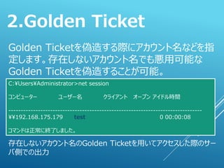 Golden Ticketを偽造する際にアカウント名などを指
定します。存在しないアカウント名でも悪用可能な
Golden Ticketを偽造することが可能。
2.Golden Ticket
存在しないアカウント名のGolden Ticketを用いてアクセスした際のサー
バ側での出力
C:¥Users¥Administrator>net session
コンピューター ユーザー名 クライアント オープン アイドル時間
-------------------------------------------------------------------------------
¥¥192.168.175.179 test 0 00:00:08
コマンドは正常に終了しました。
 