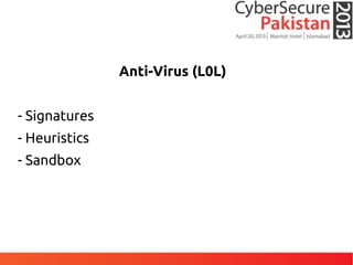 Anti-Virus (L0L)
- Signatures
- Heuristics
- Sandbox
 
