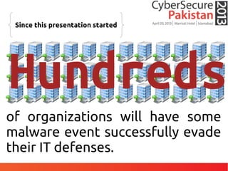 Since this presentation started
of organizations will have some
malware event successfully evade
their IT defenses.
 