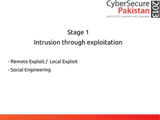 Stage 1
Intrusion through exploitation
- Remote Exploit / Local Exploit
- Social Engineering
 