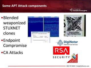 Some APT Attack components


•Blended
 weaponized
 STUXNET
 clones
•Endpoint
 Compromise
•CA Attacks

                             800.747.8585 | help@cbihome.com
 