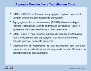Algumas Conclusões e Trabalho em Curso
SICAP e BGRP: protocolos de agregação no plano de controlo,
utilizam diferentes abordagens de agregação
Agregação na forma de sink-trees (BGRP) não é abordagem
“óptima”: agregação usando segmentos partilhados (SICAP)
apresenta melhores resultados a nível de estado.
SICAP e BGRP não reduzem número de mensagens trocadas
face a mecanismo sem agregação: over-reservation é uma
solução possível para este problema
Desempenho do mecanismo de over-reservation está ser anal-
isado em termos de eﬁciência de largura de banda utilizada e de
probabilidade de bloqueamento.
rsoﬁa@seas.upenn.edu – p. 41/42
 