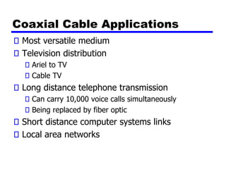 Coaxial Cable Applications
Most versatile medium
Television distribution
Ariel to TV
Cable TV
Long distance telephone transmission
Can carry 10,000 voice calls simultaneously
Being replaced by fiber optic
Short distance computer systems links
Local area networks
 