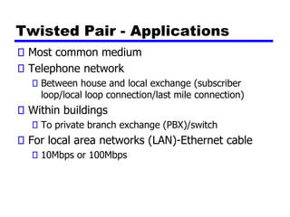 Twisted Pair - Applications
Most common medium
Telephone network
Between house and local exchange (subscriber
loop/local loop connection/last mile connection)
Within buildings
To private branch exchange (PBX)/switch
For local area networks (LAN)-Ethernet cable
10Mbps or 100Mbps
 