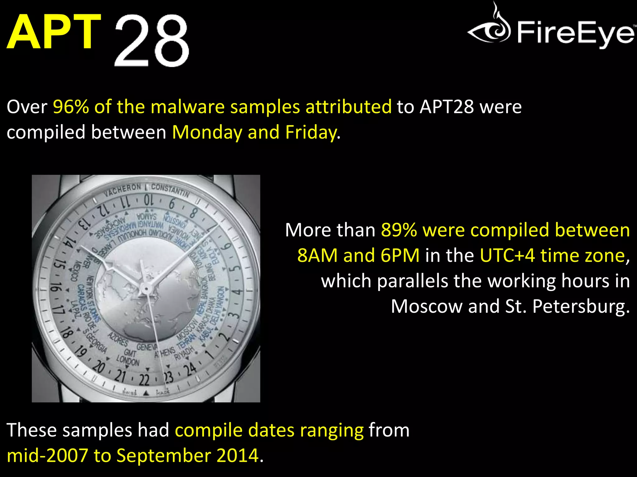 APT 
The group likely seeks to collect intelligence about 
Georgia’s security and political dynamics by targeting 
officials working for the Ministry of Internal Affairs 
and the Ministry of Defense. 
 