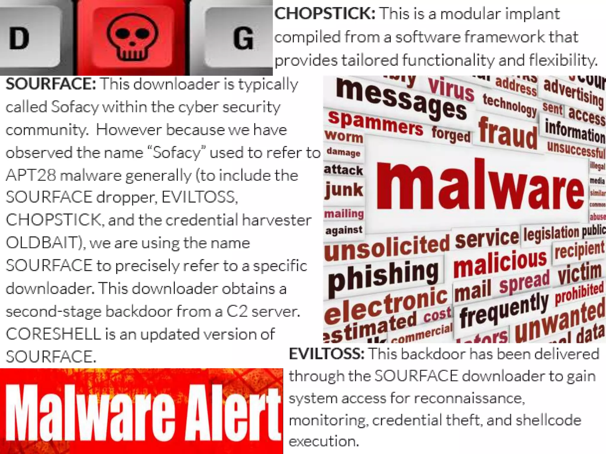 APT28 also appeared to target 
Georgia’s MOD along with a U.S. 
defense contractor that was 
training the Georgian military. 
The U.S. contractor was involved in 
a working group to advise the MOD 
and Georgian Armed Forces, 
assess Georgia’s military 
capabilities, and develop a military 
training program for the country. 
APT28 used a lure document that 
installed a SOURFACE downloader 
and contained a listing of birthdays 
for members of a working group 
between the Georgian MOD and the 
U.S. defense contractor. 
 