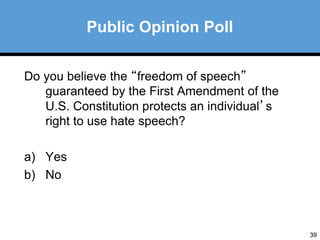 39 
Do you believe the “freedom of speech” 
guaranteed by the First Amendment of the 
U.S. Constitution protects an individual’s 
right to use hate speech? 
a) Yes 
b) No 
Public Opinion Poll 
 