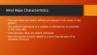Mind Maps Characteristics
• The main ideas are clearly defined and placed in the center of the
graphic.
• The relative importance of a subidea is indicated by its proximity
to the main idea.
• Links between ideas are clearly indicated.
• New information is easily added to a mind map because of its
nonlinear structure.
 