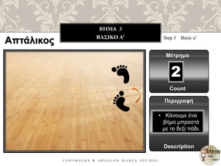 C O P Y R I G H T ® A P O L L O N D A N C E S T U D I O
BHMA 3
ΒΑΣΙΚΟ A’ Step 3 Basic a’
Μέτρημα
Περιγραφή
Description
• Κάνουμε ένα
βήμα μπροστά
με το δεξί πόδι.
Count
2
Απτάλικος
 