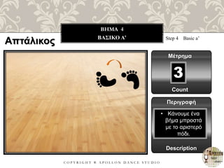 C O P Y R I G H T ® A P O L L O N D A N C E S T U D I O
BHMA 4
ΒΑΣΙΚΟ A’ Step 4 Basic a’
Μέτρημα
Περιγραφή
Description
• Κάνουμε ένα
βήμα μπροστά
με το αριστερό
πόδι.
Count
3
Απτάλικος
 