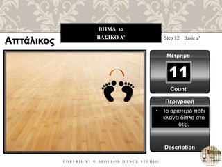C O P Y R I G H T ® A P O L L O N D A N C E S T U D I O
BHMA 12
ΒΑΣΙΚΟ Α’ Step 12 Basic a’
Μέτρημα
11
Περιγραφή
Description
• Το αριστερό πόδι
κλείνει δίπλα στο
δεξί.
Count
Απτάλικος
 