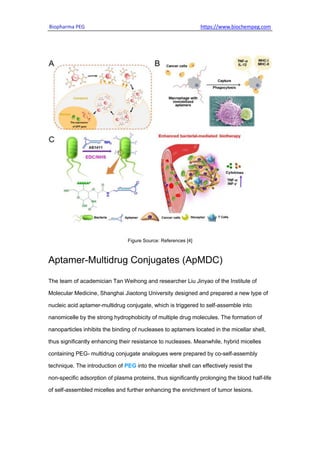 Biopharma PEG https://www.biochempeg.com
Figure Source: References [4]
Aptamer-Multidrug Conjugates (ApMDC)
The team of academician Tan Weihong and researcher Liu Jinyao of the Institute of
Molecular Medicine, Shanghai Jiaotong University designed and prepared a new type of
nucleic acid aptamer-multidrug conjugate, which is triggered to self-assemble into
nanomicelle by the strong hydrophobicity of multiple drug molecules. The formation of
nanoparticles inhibits the binding of nucleases to aptamers located in the micellar shell,
thus significantly enhancing their resistance to nucleases. Meanwhile, hybrid micelles
containing PEG- multidrug conjugate analogues were prepared by co-self-assembly
technique. The introduction of PEG into the micellar shell can effectively resist the
non-specific adsorption of plasma proteins, thus significantly prolonging the blood half-life
of self-assembled micelles and further enhancing the enrichment of tumor lesions.
 