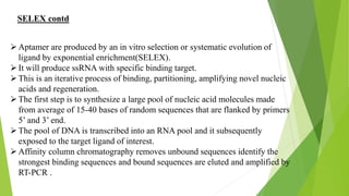 SELEX contd
Aptamer are produced by an in vitro selection or systematic evolution of
ligand by exponential enrichment(SELEX).
It will produce ssRNA with specific binding target.
This is an iterative process of binding, partitioning, amplifying novel nucleic
acids and regeneration.
The first step is to synthesize a large pool of nucleic acid molecules made
from average of 15-40 bases of random sequences that are flanked by primers
5’ and 3’ end.
The pool of DNA is transcribed into an RNA pool and it subsequently
exposed to the target ligand of interest.
Affinity column chromatography removes unbound sequences identify the
strongest binding sequences and bound sequences are eluted and amplified by
RT-PCR .
 