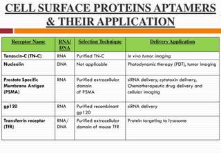 CELL SURFACE PROTEINS APTAMERS
& THEIR APPLICATION
Receptor Name RNA/
DNA
Selection Technique Delivery Application
Tenascin-C (TN-C) RNA Purified TN-C In vivo tumor imaging
Nucleolin DNA Not applicable Photodynamic therapy (PDT), tumor imaging
Prostate Specific
Membrane Antigen
(PSMA)
RNA Purified extracellular
domain
of PSMA
siRNA delivery, cytotoxin delivery,
Chemotherapeutic drug delivery and
cellular imaging
gp120 RNA Purified recombinant
gp120
siRNA delivery
Transferrin receptor
(TfR)
RNA/
DNA
Purified extracellular
domain of mouse TfR
Protein targeting to lysosome
 