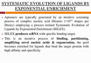 SYSTEMATIC EVOLUTION OF LIGANDS BY
EXPONENTIAL ENRICHMENT
 Aptamers are typically generated by an iterative screening
process of complex nucleic acid libraries (>1014 shapes per
library) employing a process termed Systematic Evolution of
Ligands by Exponential Enrichment (SELEX).
 SELEX produces ssRNA with specific binding target.
 This is an iterative process of binding, partitioning,
amplifying novel nucleic acids & regeneration, the pool
becomes enriched for ligands that bind the target protein with
high affinity and specificity
 
