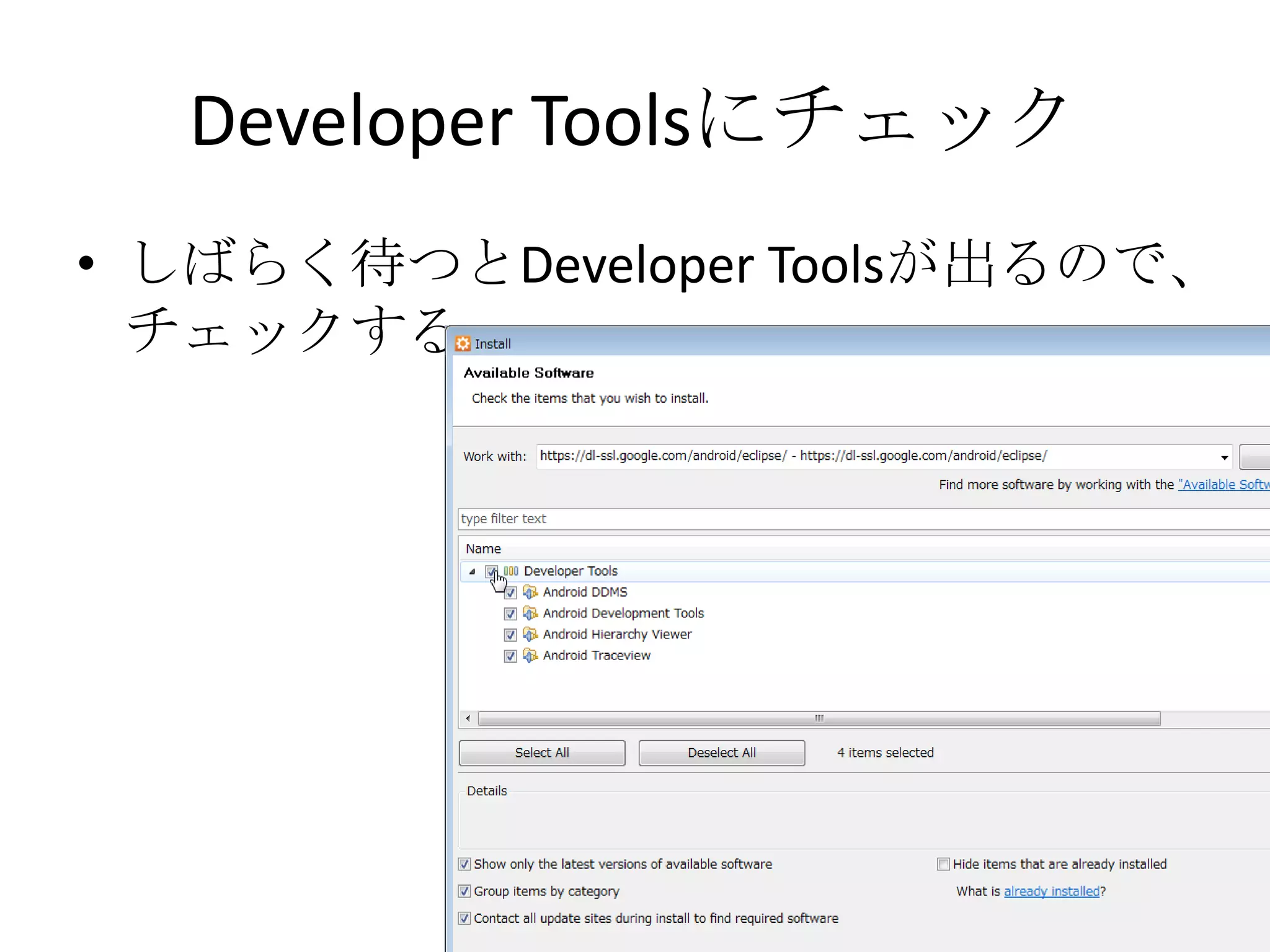 Developer Toolsにチェック
• しばらく待つとDeveloper Toolsが出るので、
  チェックする
 