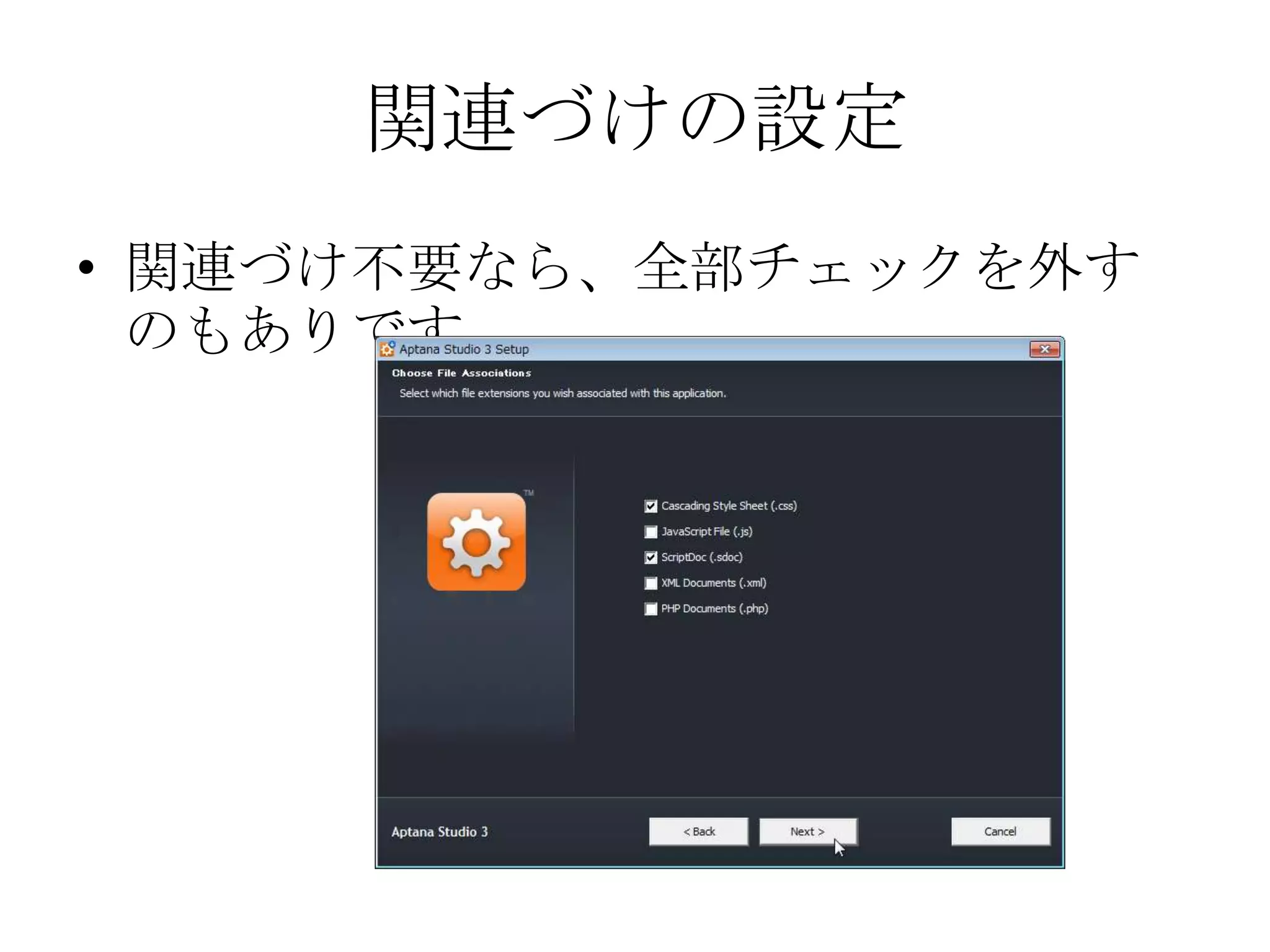 関連づけの設定
• 関連づけ不要なら、全部チェックを外す
  のもありです。
 