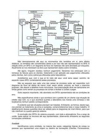 Não demostraremos até aqui os movimentos dos remédios em si; para efeitos
didáticos, os remédios são considerados dados e por isso não são representados no DFD. A
relação entre um DFD e um diagrama de fluxo de materiais não será abordada por enquanto.
Atualmente só nos interessam os itens que representam dados sobre remédios.
       Até agora, ninguém recebeu nenhum pagamento. Devemos nos preocupar com a
remessa de faturas para os clientes, tratamento a ser aplicado aos pagamentos efetuados
pelos clientes, bem como cobranças efetuadas pelos laboratórios.
      Acreditamos que, com o que já foi visto até aqui, você seria capaz, sozinho, de
expandir nosso DFD, contemplando esses processos.
        Não se esqueça que cada uma das caixas de processo pode ser expandida num
diagrama de fluxo de dados de menor nível, assim sendo, procure, ao fazer o exercício
proposto, não descer a detalhes muito minuciosos. Sua preocupação deve ser demonstrar em
linhas gerais como seriam os processos de contas a receber e contas a pagar.
        Outro aspecto importante, não abordado nos DFD’s apresentados são as condições de
erro.
        Não especificamos ainda o que acontece com o pedido de um cliente cuja situação de
crédito seja ruim, ou o que acontece quando o laboratório nos manda uma remessa e não
localizamos nenhum pedido correspondente.
       É evidente que tais situações precisam ser tratadas. Entretanto, se formos, desde logo,
nos prender ao tratamento de erros e exceções, comprometeremos todo o nosso trabalho. O
detalhamento dessas questões deve ser adiado para os diagramas de nível inferior, para que
não interfiram no quadro geral do sistema.
       A conclusão dos DFD’s do sistema proposto, com toda a abrangência, fica a cargo de
vocês, basta aplicar os recursos até aqui apresentados, observando entretanto as seguintes
convenções simbólicas:

Entidade
      Identificamos como entidade, na maioria das vezes, categorias lógicas de coisas ou
pessoas que representam uma origem ou destino de transações (Clientes, Fornecedores,

                                              11
 