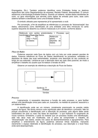 Empregados, Etc.). Também podemos identificar como Entidades fontes ou destinos
específicos tais como Departamentos da empresa, Receita Federal, Almoxarifado. É comum
adotarmos a terminologia Entidade Externa. Quando um sistema recebe dados resultantes de
outro, ou gera informações que servirão como dados de entrada para outro, esse outro
sistema também é identificado como uma Entidade Externa.
       O símbolo utilizado para representar já foi apresentado a você.
       Por convenção, a fim de simplificar as referências e o processo de “dicionarização” dos
dados, adicionamos como identificador de uma entidade uma letra minúscula no canto
superior esquerdo do desenho ou a letra E maiúscula e um número, conforme abaixo:

           Retânculo com cantos arredondados = Processo que
           transforma o Fluxo dos Dados.
                    Seta       ou        Retânculo
                    vetor = Fluxo        aberto    =
                    de Dados             Depósito de
                                         Dados




Fluxo de Dados
        Podemos associar cada fluxo de dados com um tubo por onde passam pacotes de
dados. Faremos referência ao Fluxo de Dados identificando os processos, entidades ou
depósitos de dados das suas extremidades, anotando uma descrição do seu conteúdo ao
longo de sua extensão. Lembre-se que a descrição deve ser mais clara possível, de modo a
simplificar o trabalho do usuário que irá realizar a revisão do DFD.
       Observe um exemplo de referência e descrição de Fluxo de Dados:


                 a                                   E1




                 c

                              Gerência 29
                                    Analisar
                                      Vendas

Processo
        Logicamente, é necessário descrever a função de cada processo, e, para facilitar
atribuir uma identificação única para cada um, buscando, na medida do possível, associá-lo a
um sistema físico.
        A identificação pode ser um número, inicialmente posicionado na posição média
superior da figura, não tendo nenhum outro significado além de identificar o processo. Não há
porquê vincularmos a identificação com a descrição do processo, pois alguns deles serão
subdivididos em dois ou mais nas fases de expansão - o que implicará no surgimento de
novos números. Entretanto, a partir do instante que um processo recebe uma identificação,
está não deve mais ser modificada, sob a pena de comprometer o trabalho de
“dicionarização” dos dados, exceto nos casos de desmembramentos e agrupamentos. Para
simplificar o entendimento da figura, podemos adicionar linhas divisórias, marcando
claramente o espaço destinado à identificação do processo, sua descrição e o local físico
onde será desempenhado.

                                               12
 