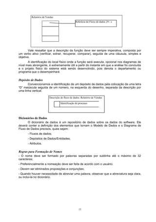 Relatório de Vendas
                                                Referêcia do Fluxo de dados 29 - c




        Vale ressaltar que a descrição da função deve ser sempre imperativa, composta por
um verbo ativo (verificar, extrair, recuperar, comparar), seguida de uma cláusula, simples e
objetiva.
       A identificação do local físico onde a função será executa, opcional nos diagramas de
nível mais abrangente, é extremamente útil a partir do instante em que a análise foi concluída
e o projeto físico do sistema está sendo desenvolvido, pois denota o departamento ou
programa que o desempenhará

Depósito de Dados
       Convencionamos a identificação de um depósito de dados pela colocação de uma letra
“D” maiúscula seguida de um número, na esquerda do desenho, separada da descrição por
uma linha vertical.

                         Descrição do fluxo de dados: Relatório de Vendas

                                   Identificação do processo




Dicionários de Dados
       O dicionário de dados é um repositório de dados sobre os dados do software. Ele
deverá conter a definição dos elementos que tornam o Modelo de Dados e o Diagrama de
Fluxo de Dados precisos, quais sejam:
       - Fluxos de dados;
       - Depósitos de Dados/Entidades;
       - Atributos.

Regras para Formação de Nomes
- O nome deve ser formado por palavras separadas por sublinha até o máximo de 32
caracteres;
- Preferencialmente a nomeação deve ser feita de acordo com o usuário;
- Devem ser eliminados proposições e conjunções;
- Quando houver necessidade de abreviar uma palavra, observar que a abreviatura seja clara,
ou inclui-la no dicionário.




                                                   13
 