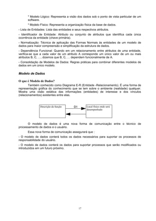 * Modelo Lógico: Representa a visão dos dados sob o ponto de vista particular de um
       software.
       * Modelo Físico: Representa a organização física da base de dados.
- Lista de Entidades: Lista das entidades e seus respectivos atributos.
- Identificador de Entidade: Atributo ou conjunto de atributos que identifica cada única
ocorrência da entidade (chave primária).
- Normalização: Técnica de aplicação das Formas Normais às entidades de um modelo de
dados para maior compreensão e simplificação da estrutura de dados.
- Dependência Funcional: Quando em um relacionamento entre atributos de uma entidade,
verifica-se que a cada valor de um atributo A corresponde um único valor de um ou mais
atributos B, C, …, dizemos que B, C, … dependem funcionalmente de A.
- Consolidação de Modelos de Dados: Regras práticas para combinar diferentes modelos de
dados em um único modelo.

Modelo de Dados

O que é Modelo de Dados?
        Também conhecido como Diagrama E-R (Entidade -Relacionamento). É uma forma de
representação gráfica do conhecimento que se tem sobre o ambiente (realidade) qualquer.
Mostra uma visão estática das informações (entidades) de interesse e dos vínculos
(relacionamentos) existentes entre elas.


                Descrição da função        D1        Local físico onde será
                                                     desempenhado




      O modelo de dados é uma nova forma de comunicação entre o técnico de
processamento de dados e o usuário.
       Essa nova forma de comunicação assegurará que :
- O modelo de dados conterá todos os dados necessários para suportar os processos de
responsabilidade do usuário.
- O modelo de dados conterá os dados para suportar processos que serão modificados ou
introduzidos em um futuro próximo.




                                                17
 