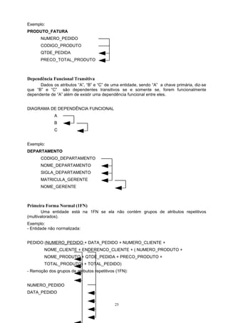 Exemplo:
PRODUTO_FATURA
       NUMERO_PEDIDO
       CODIGO_PRODUTO
       QTDE_PEDIDA
       PRECO_TOTAL_PRODUTO



Dependência Funcional Transitiva
      Dados os atributos “A”, “B” e “C” de uma entidade, sendo “A” a chave primária, diz-se
que “B” e “C” são dependentes transitivos se e somente se, forem funcionalmente
dependente de “A” além de existir uma dependência funcional entre eles.


DIAGRAMA DE DEPENDÊNCIA FUNCIONAL
              A
              B
              C


Exemplo:
DEPARTAMENTO
       CODIGO_DEPARTAMENTO
       NOME_DEPARTAMENTO
       SIGLA_DEPARTAMENTO
       MATRICULA_GERENTE
       NOME_GERENTE



Primeira Forma Normal (1FN)
       Uma entidade está na 1FN se ela não contém grupos de atributos repetitivos
(multivalorados).
Exemplo:
- Entidade não normalizada:


PEDIDO (NUMERO_PEDIDO + DATA_PEDIDO + NUMERO_CLIENTE +
        NOME_CLIENTE + ENDERENCO_CLIENTE + ( NUMERO_PRODUTO +
        NOME_PRODUTO + QTDE_PEDIDA + PRECO_PRODUTO +
        TOTAL_PRODUTO) + TOTAL_PEDIDO)
- Remoção dos grupos de atributos repetitivos (1FN):


NUMERO_PEDIDO
DATA_PEDIDO

                                             25
 