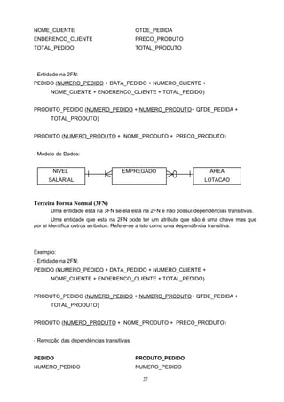 NOME_CLIENTE                             QTDE_PEDIDA
ENDERENCO_CLIENTE                        PRECO_PRODUTO
TOTAL_PEDIDO                             TOTAL_PRODUTO




- Entidade na 2FN:
PEDIDO (NUMERO_PEDIDO + DATA_PEDIDO + NUMERO_CLIENTE +
      NOME_CLIENTE + ENDERENCO_CLIENTE + TOTAL_PEDIDO)


PRODUTO_PEDIDO (NUMERO_PEDIDO + NUMERO_PRODUTO+ QTDE_PEDIDA +
      TOTAL_PRODUTO)


PRODUTO (NUMERO_PRODUTO + NOME_PRODUTO + PRECO_PRODUTO)


- Modelo de Dados:


       NIVEL                      EMPREGADO                           AREA
     SALARIAL                                                       LOTACAO



Terceira Forma Normal (3FN)
      Uma entidade está na 3FN se ela está na 2FN e não possui dependências transitivas.
        Uma entidade que está na 2FN pode ter um atributo que não é uma chave mas que
por si identifica outros atributos. Refere-se a isto como uma dependência transitiva.




Exemplo:
- Entidade na 2FN:
PEDIDO (NUMERO_PEDIDO + DATA_PEDIDO + NUMERO_CLIENTE +
      NOME_CLIENTE + ENDERENCO_CLIENTE + TOTAL_PEDIDO)


PRODUTO_PEDIDO (NUMERO_PEDIDO + NUMERO_PRODUTO+ QTDE_PEDIDA +
      TOTAL_PRODUTO)


PRODUTO (NUMERO_PRODUTO + NOME_PRODUTO + PRECO_PRODUTO)


- Remoção das dependências transitivas


PEDIDO                                   PRODUTO_PEDIDO
NUMERO_PEDIDO                            NUMERO_PEDIDO

                                           27
 