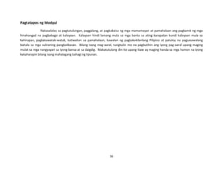 36
Pagtatapos ng Modyul
Nakasalalay sa pagtutulungan, paggalang, at pagkakaisa ng mga mamamayan at pamahalaan ang pagkamit ng mga
hinahangad na pagbabago at kalayaan. Kalayaan hindi lamang mula sa mga banta sa ating karapatan kundi kalayaan mula sa
kahirapan, pagkakawatak-watak, katiwalian sa pamahalaan, kawalan ng pagkakakilanlang Pilipino at patuloy na pagsasawalang
bahala sa mga suliraning pangkalikasan. Bilang isang mag-aaral, tungkulin mo na pagbutihin ang iyong pag-aaral upang maging
mulat sa mga nangyayari sa iyong bansa at sa daigdig. Makatutulong din ito upang ikaw ay maging handa sa mga hamon na iyong
kakaharapin bilang isang mahalagang bahagi ng lipunan.
 