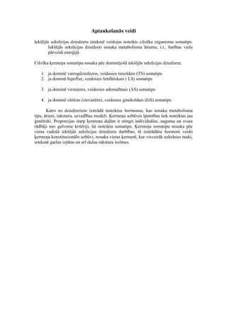 Aptaukošanās veidi
Iekšējās sekrēcijas dziedzeru ietekmē veidojas noteikts cilvēka organisma somatips.
Iekšējās sekrēcijas dziedzeri nosaka metabolisma ātrumu, t.i., barības vielu
pārveidi enerģijā.
Cilvēka ķermeņa somatipu nosaka pēc dominējošā iekšējās sekrēcijas dziedzera:
1. ja dominē vairogdziedzeris, veidosies tireoīdais (TS) somatips
2. ja dominē hipofīze, veidosies limfātiskais ( LS) somatips
3. ja dominē virsnieres, veidosies adrenalīnais (AS) somatips
4. ja dominē olnīcas (sievietēm), veidosies ginekoīdais (GS) somatips.
Katrs no dziedzeriem izstrādā noteiktus hormonus, kas nosaka metabolisma
tipu, ārieni, raksturu, uzvedības modeli. Ķermeņa uzbūves īpatnības tiek noteiktas jau
ģenētiski. Proporcijas starp ķermeņa daļām ir stingri individuālas, auguma un svara
rādītāji nav galvenie kritēriji, lai noteiktu somatipu. Ķermeņa somatipu nosaka pēc
viena vadošā iekšējās sekrēcijas dziedzera darbības, tā izstrādātie hormoni veido
ķermeņa konstitucionālo uzbūvi, nosaka vietas ķermenī, kur visvairāk uzkrāsies tauki,
ietekmē garšas izjūtas un arī dažas rakstura iezīmes.
 
