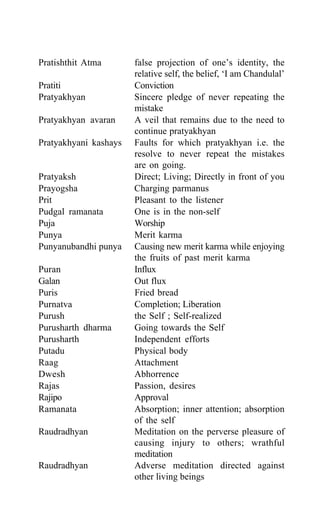 Pratishthit Atma false projection of one’s identity, the
relative self, the belief, ‘I am Chandulal’
Pratiti Conviction
Pratyakhyan Sincere pledge of never repeating the
mistake
Pratyakhyan avaran A veil that remains due to the need to
continue pratyakhyan
Pratyakhyani kashays Faults for which pratyakhyan i.e. the
resolve to never repeat the mistakes
are on going.
Pratyaksh Direct; Living; Directly in front of you
Prayogsha Charging parmanus
Prit Pleasant to the listener
Pudgal ramanata One is in the non-self
Puja Worship
Punya Merit karma
Punyanubandhi punya Causing new merit karma while enjoying
the fruits of past merit karma
Puran Influx
Galan Out flux
Puris Fried bread
Purnatva Completion; Liberation
Purush the Self ; Self-realized
Purusharth dharma Going towards the Self
Purusharth Independent efforts
Putadu Physical body
Raag Attachment
Dwesh Abhorrence
Rajas Passion, desires
Rajipo Approval
Ramanata Absorption; inner attention; absorption
of the self
Raudradhyan Meditation on the perverse pleasure of
causing injury to others; wrathful
meditation
Raudradhyan Adverse meditation directed against
other living beings
 