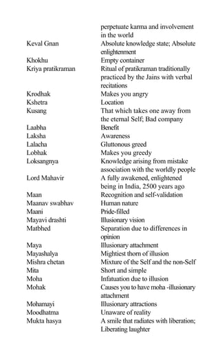 perpetuate karma and involvement
in the world
Keval Gnan Absolute knowledge state; Absolute
enlightenment
Khokhu Empty container
Kriya pratikraman Ritual of pratikraman traditionally
practiced by the Jains with verbal
recitations
Krodhak Makes you angry
Kshetra Location
Kusang That which takes one away from
the eternal Self; Bad company
Laabha Benefit
Laksha Awareness
Lalacha Gluttonous greed
Lobhak Makes you greedy
Loksangnya Knowledge arising from mistake
association with the worldly people
Lord Mahavir A fully awakened, enlightened
being in India, 2500 years ago
Maan Recognition and self-validation
Maanav swabhav Human nature
Maani Pride-filled
Mayavi drashti Illusionary vision
Matbhed Separation due to differences in
opinion
Maya Illusionary attachment
Mayashalya Mightiest thorn of illusion
Mishra chetan Mixture of the Self and the non-Self
Mita Short and simple
Moha Infatuation due to illusion
Mohak Causes you to have moha -illusionary
attachment
Mohamayi Illusionary attractions
Moodhatma Unaware of reality
Mukta hasya A smile that radiates with liberation;
Liberating laughter
 