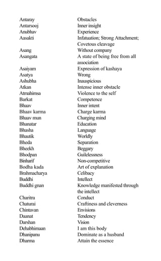 Antaray Obstacles
Antarsooj Inner insight
Anubhav Experience
Aasakti Infatuation; Strong Attachment;
Covetous cleavage
Asang Without company
Asangata A state of being free from all
association
Asaiyam Expression of kashaya
Asatya Wrong
Ashubha Inauspicious
Atkan Intense inner obstacle
Atmahimsa Violence to the self
Barkat Competence
Bhaav Inner intent
Bhaav karma Charge karma
Bhaav mun Charging mind
Bhanatar Education
Bhasha Language
Bhautik Worldly
Bheda Separation
Bheekh Beggary
Bhodpan Guilelessness
Binharif Non-competitive
Bodha kada Art of explanation
Brahmacharya Celibacy
Buddhi Intellect
Buddhi gnan Knowledge manifested through
the intellect
Charitra Conduct
Chaturai Craftiness and cleverness
Chintavan Envisions
Daanat Tendency
Darshan Vision
Dehabhimaan I am this body
Dhanipanu Dominate as a husband
Dharma Attain the essence
 