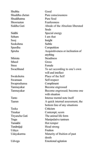 Shubha Good
Shuddha chetan Pure consciousness
Shuddhatma Pure Soul
Shooraatan Fearlessness
Siddha Gati Abode of the Absolute liberated
Souls
Siddhi Special energy
Sohum I am that
Sooj Insight
Sookshma Subtle
Spardha Competition
Spruha Acquisitiveness or inclination of
anything
Sthirata Steadiness
Sthool Gross
Stree Female
Swachhand To act according to one’s own
will and intellect
Swakshetra Place of the Self
Swamaan Self-respect
Swaprashansa Compliment
Tanmayakar Become engrossed
Tanmayakar Become engrossed; become one
with situation
Tanto Intense mental note itself
Taaran A quick internal assessment, the
bottom line of any situations
Teeka Criticism
Tiraskar Contempt; scorn
Tiryancha Gati The animal life form
Tragu Manipulative tantrum
Tumakhi Hot temper
Tundmijaji Head strong
Udaya Fruition
Udayakarma Maturity of fruition of past
deeds
Udvega Emotional agitation
 