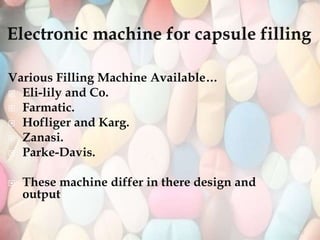 20
Various Filling Machine Available…
 Eli-lily and Co.
 Farmatic.
 Hofliger and Karg.
 Zanasi.
 Parke-Davis.
 These machine differ in there design and
output
 