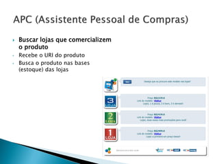   Buscar lojas que comercializem
    o produto
•   Recebe o URI do produto
•   Busca o produto nas bases
    (estoque) das lojas
 