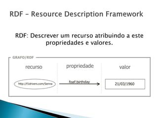 RDF: Descrever um recurso atribuindo a este
          propriedades e valores.
 