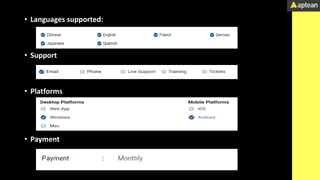 • Languages supported:
• Support
• Platforms
• Payment
 