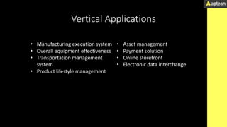 Vertical Applications
• Manufacturing execution system
• Overall equipment effectiveness
• Transportation management
system
• Product lifestyle management
• Asset management
• Payment solution
• Online storefront
• Electronic data interchange
 