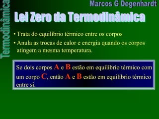 Lei Zero da Termodinâmica
• Trata do equilíbrio térmico entre os corpos
• Anula as trocas de calor e energia quando os corpos
atingem a mesma temperatura.
Se dois corpos A e B estão em equilíbrio térmico com
um corpo C, então A e B estão em equilíbrio térmico
entre si.
 