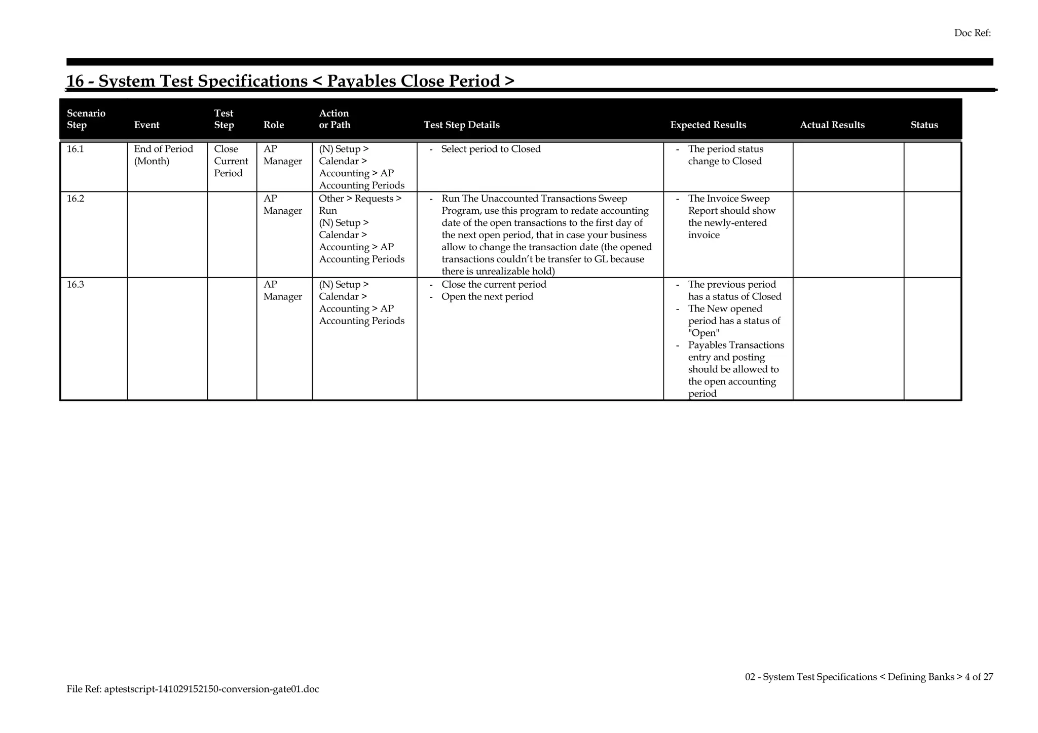 16 - System Test Specifications < Payables Close Period > 
Scenario 
Step Event 
Test 
Step Role 
Action 
or Path Test Step Details Expected Results Actual Results Status 
16.1 End of Period 
(Month) 
Close 
Current 
Period 
AP 
Manager 
(N) Setup > 
Calendar > 
Accounting > AP 
Accounting Periods 
- Select period to Closed - The period status 
change to Closed 
16.2 AP 
Manager 
Other > Requests > 
Run 
(N) Setup > 
Calendar > 
Accounting > AP 
Accounting Periods 
- Run The Unaccounted Transactions Sweep 
Program, use this program to redate accounting 
date of the open transactions to the first day of 
the next open period, that in case your business 
allow to change the transaction date (the opened 
transactions couldn’t be transfer to GL because 
there is unrealizable hold) 
- The Invoice Sweep 
Report should show 
the newly-entered 
invoice 
16.3 AP 
Manager 
(N) Setup > 
Calendar > 
Accounting > AP 
Accounting Periods 
- Close the current period 
- Open the next period 
- The previous period 
has a status of Closed 
- The New opened 
period has a status of 
"Open" 
- Payables Transactions 
entry and posting 
should be allowed to 
the open accounting 
period 
File Ref: aptestscript-141029152150-conversion-gate01.doc 
Doc Ref: 
02 - System Test Specifications < Defining Banks > 4 of 27 
 