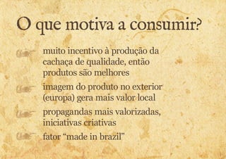 O que motiva a consumir? 
muito incentivo à produção da 
cachaça de qualidade, então 
produtos são melhores 
imagem do produto no exterior 
(europa) gera mais valor local 
propagandas mais valorizadas, 
iniciativas criativas 
fator “made in brazil” 
 